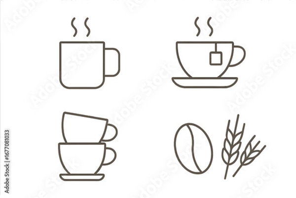 Fototapeta Coffee and tea line icon set. Minimalist vector symbols for cafe menu, drinks, and beverages. Includes steaming cup, mug, teacup, coffee bean, and grain illustration.