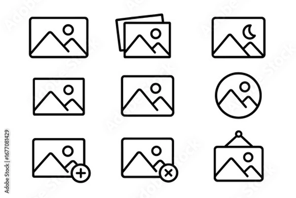 Fototapeta Picture line icon set. Photo gallery, image, and photograph symbols. Includes add, delete, framed, and landscape signs. For web design, UI, UX, apps. Vector outline pictogram.