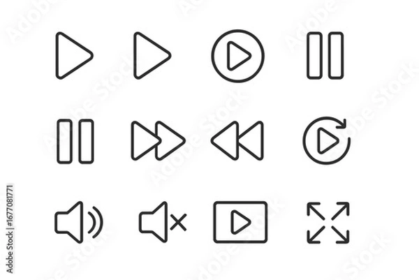 Fototapeta Media player control icon set. Vector line icons for video and audio. Play, pause, stop, forward, rewind, volume, and fullscreen buttons for UI UX web and app design.