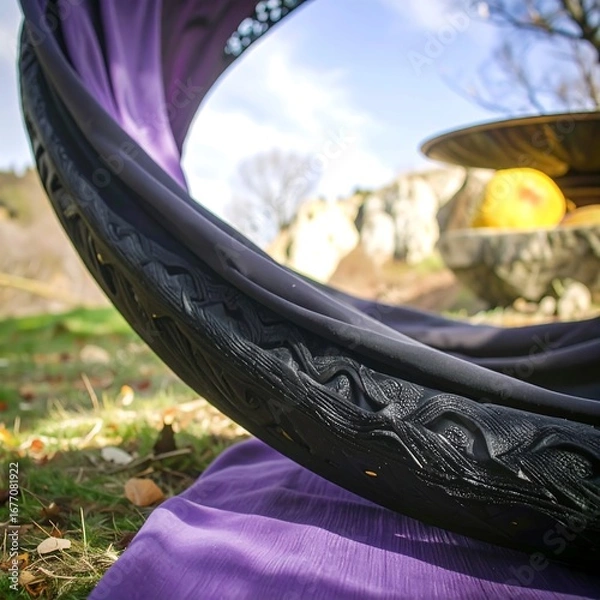 Fototapeta Black tire hammock with purple fabric