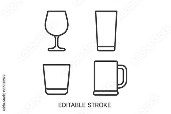 Fototapeta Glassware line icon set. Collection of simple outline vector icons for various drinks. Wine glass, beer mug, whiskey tumbler, and water cup symbols. Editable stroke for web.