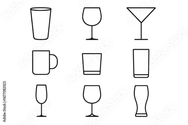 Fototapeta Glassware line icon set. Simple drink and beverage outline symbols. Vector collection of cocktail, wine, beer, water glass and mug. Editable stroke for web or app design.