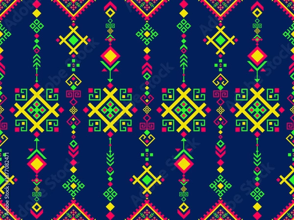 Fototapeta Seamless native tribal geometric ethnic boho pattern vector in neon style set on a blue background perfect for abstract digital art cultural surface themes and stylish decorative design.