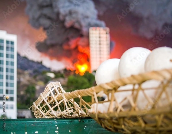 Fototapeta Basket of eggs amidst a fiery cityscape
