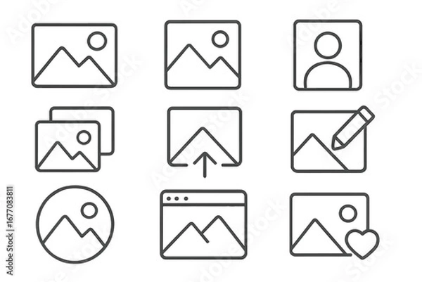 Fototapeta Picture and photo line icon set. Includes user profile, upload, edit, favorite, gallery. Outline symbols for web design, apps, UI, UX. Vector graphic pictogram collection.