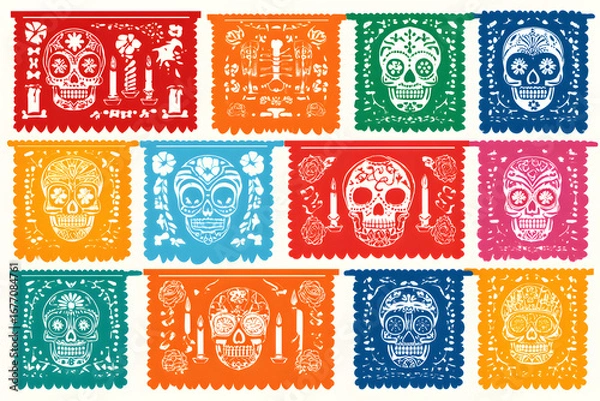 Obraz Colorful papel picado banners with sugar skull designs for Día de los Muertos