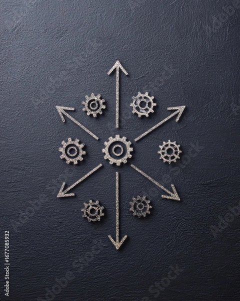 Fototapeta A symmetrical arrangement of gears and arrows on a textured dark surface, symbolizing movement, direction, and mechanical design.