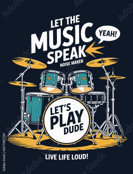 Fototapeta This vibrant illustration features a detailed drum set with an energetic design, encouraging music lovers to play and express themselves through rhythm and creativity.