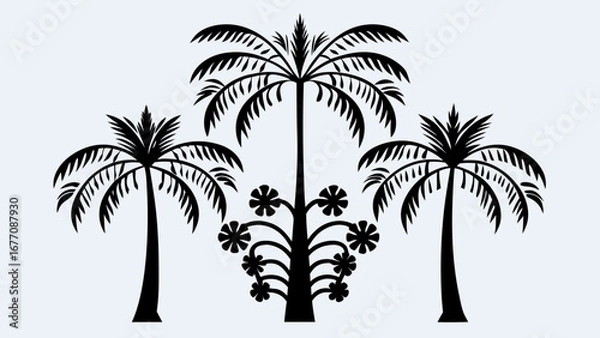 Fototapeta Illustration of three palm trees with a flowering tree in the middle in black and white design