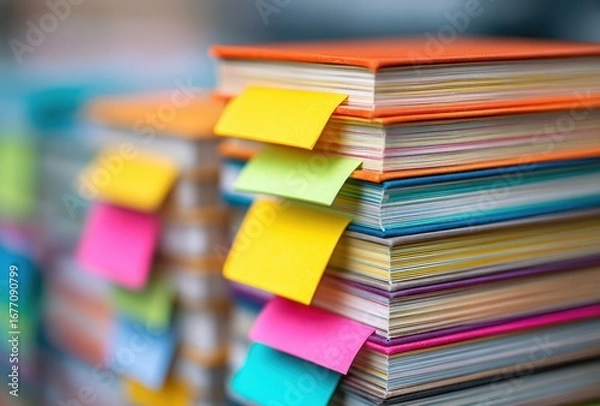Fototapeta Stack of colorful hardcover books with sticky notes and tabs for organization and study