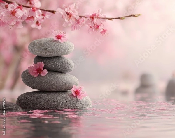 Fototapeta Stacked smooth stones with delicate pink blossoms floating on calm water in a tranquil natural setting