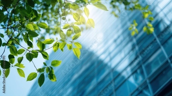 Fototapeta Sunlight filtering through green leaves onto a modern glass building facade on a clear day