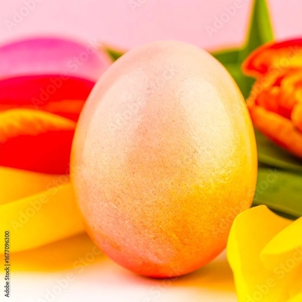 Fototapeta Colorful Easter egg, tulips, and pastel background