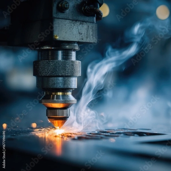 Fototapeta Industrial metal cutting machine in operation.  Dense smoke plumes from a focused laser beam cutting a metal sheet.  Machinery and sparks close up