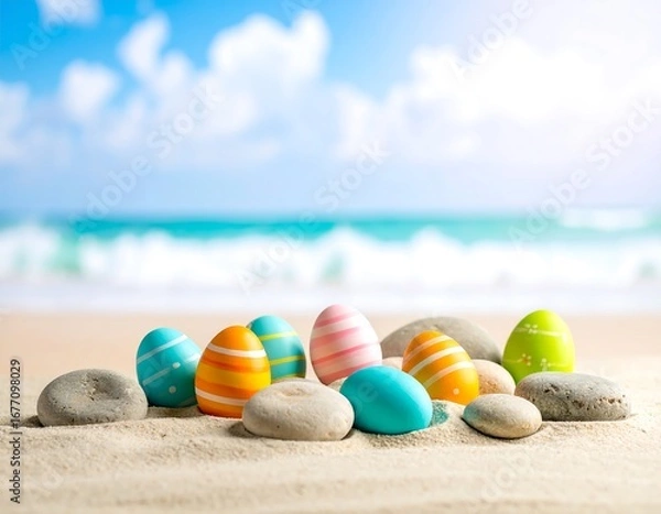 Fototapeta Colorful Easter eggs on a beach