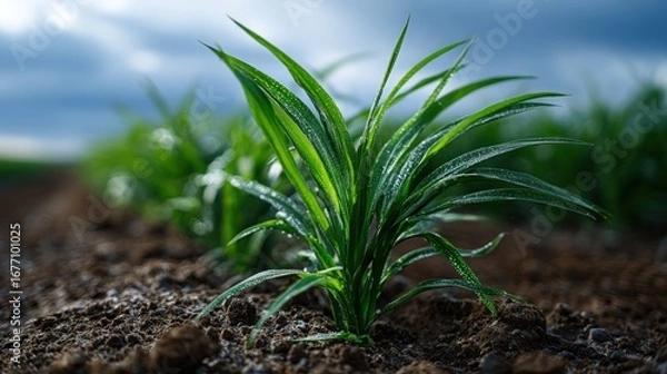 Fototapeta Close-up view of vibrant young plants with dew drops, growing in a field of rich dark soil.