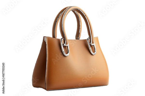 Fototapeta Tan Leather Structured Handbag with Silver Hardware isolated on a transparent background 1