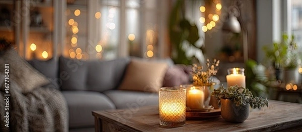 Obraz Cozy living room scene with candles and warm lighting