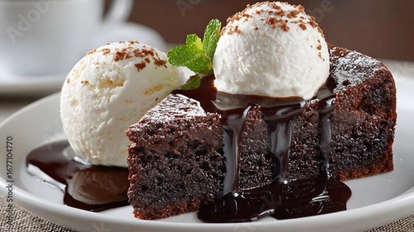 Fototapeta slice of rich chocolate cake with a scoop of vanilla ice cream and a topped coffee