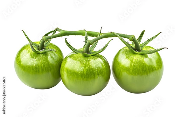 Fototapeta Three green tomatoes on vine isolated on a transparent background unripe fruit