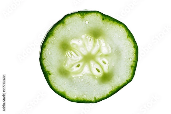 Fototapeta Translucent Cucumber Slice with Water Droplets isolated on a transparent background