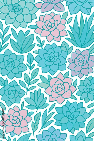 Fototapeta Seamless Succulent and Leaf Pattern in Pastel Colors