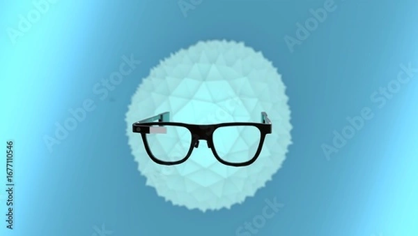 Fototapeta Black AR glasses floating in front of abstract polygon sphere on blue gradient background