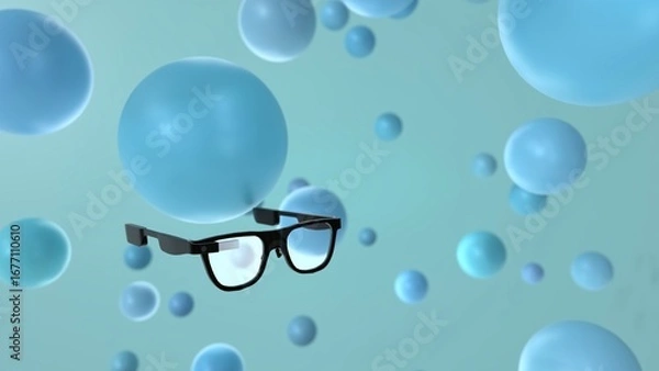 Fototapeta AR smart glasses floating among blue spheres with copy space