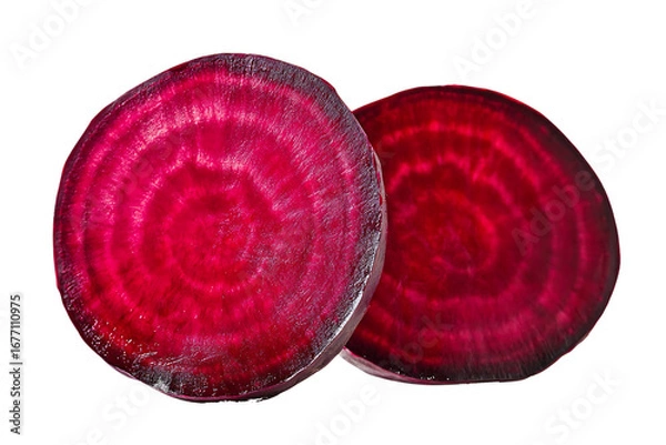 Fototapeta Two Slices of Vibrant Beetroot with Concentric Rings isolated on a transparent background