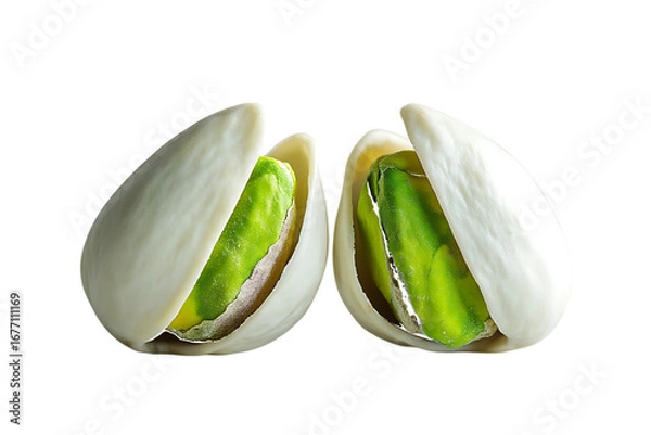 Fototapeta Two split pistachio nuts with green kernels isolated on a transparent background