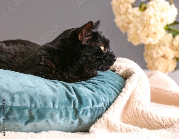 Fototapeta Black cat resting on a teal pillow