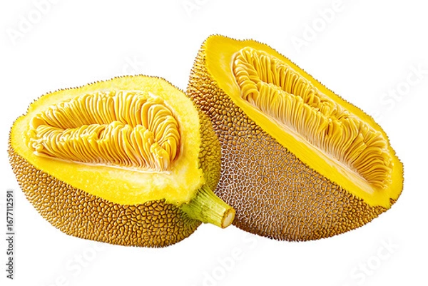 Fototapeta Vibrant Jackfruit Halves Revealing Yellow Pulp and Fibers isolated on a transparent background