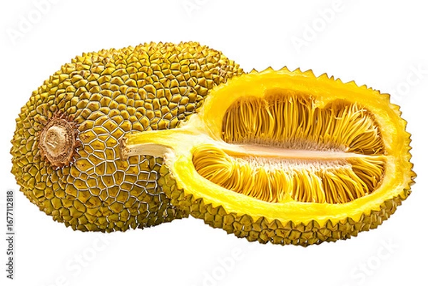 Fototapeta Vibrant yellow jackfruit cut open showing fibrous interior isolated on a transparent background