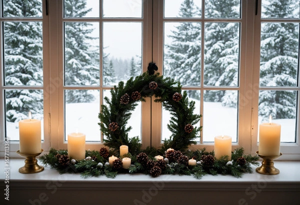 Fototapeta Photo Evergreen wreath with candles on the windowsill in front of a winter scene