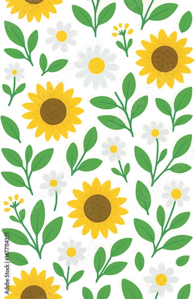 Fototapeta Seamless Sunflower Pattern with Green Leaves on White Background