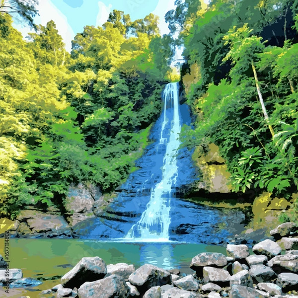 Fototapeta Tall Waterfall Cascading Down Rocky Cliff Surrounded by Lush Green Forest