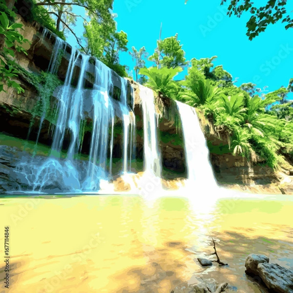 Fototapeta Lush green jungle waterfall cascading into a clear pool