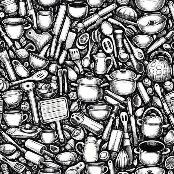 Fototapeta Seamless kitchen doodle pattern, hand-drawn style, black and white sketch illustration set of kitchen utensils