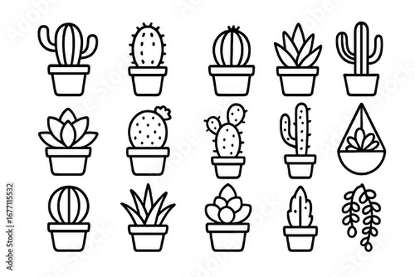 Fototapeta Cactus and succulent line icon set. Vector illustration of potted desert houseplants. Minimalist outline icons for web design, apps. Editable stroke plant symbol collection.