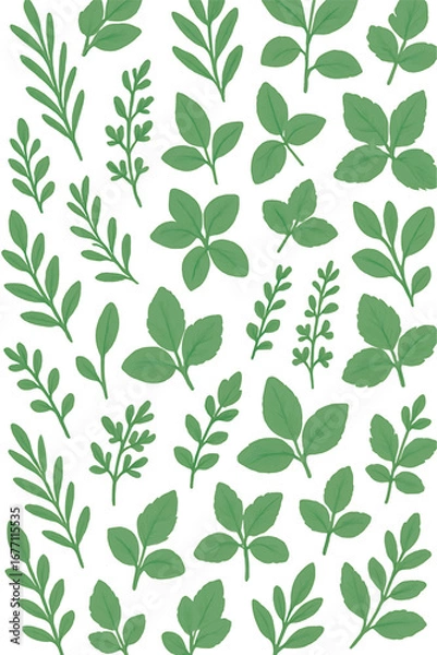 Fototapeta Seamless Green Herbal Leaf Pattern in Flat Vector Style