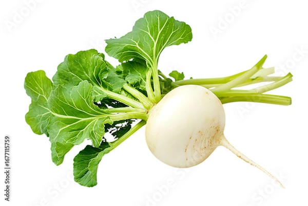 Fototapeta White turnip with green leaves isolated on a transparent background root vegetable 1
