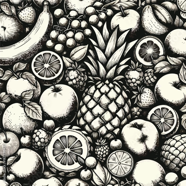 Obraz Seamless fruit doodle pattern, hand-drawn style, black and white sketch illustration, containing friuty 3