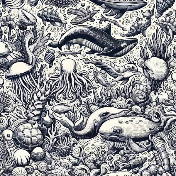 Fototapeta Seamless vintage vector pattern with floral and sea animals 1