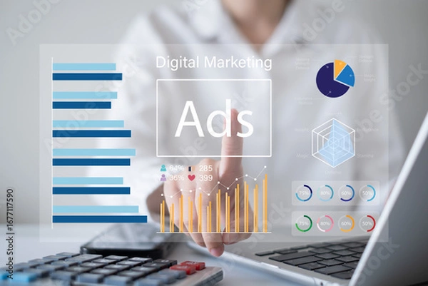 Fototapeta Data analysis chart information report e-business small business company corporate social media campaign promotion digital marketing online advertisement success growth management strategy concept