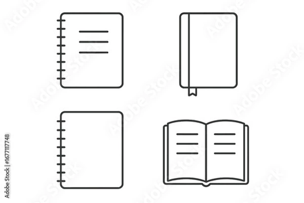 Fototapeta Notebook and Book Icons Pack, Thin Line Editable Stroke, Vector Cartoon Illustration for Web, Apps, Cards, and Digital Design with Transparent Background
