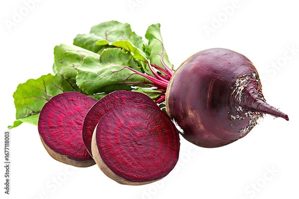 Fototapeta Whole and Sliced Beets with Green Leaves isolated on a transparent background beetroot