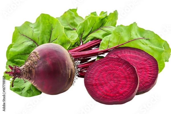 Fototapeta Whole Beetroot with Sliced Beetroot and Green Leaves isolated on a transparent background