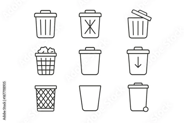 Obraz Set of Trash Can Thin Line Icons, Editable Stroke, Vector Illustration for Websites, Apps, Books, Cards, Transparent Background, Cartoon Style, Flat Design Symbols Collection