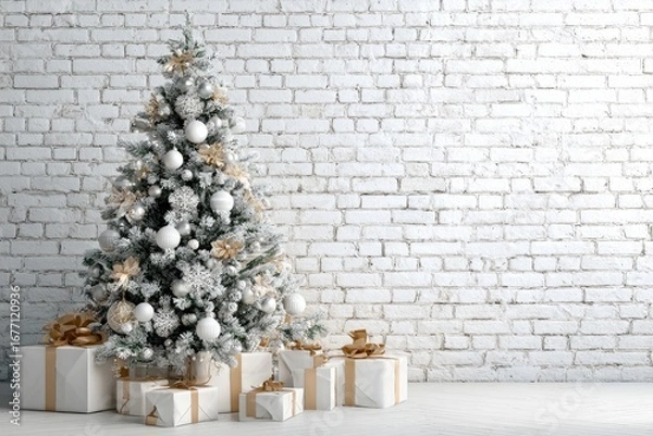 Fototapeta Christmas tree with presents against white brick wall