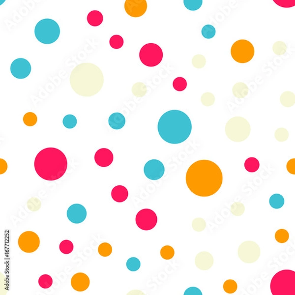 Fototapeta Colorful polka dots seamless pattern on black 18 background. Pleasing classic colorful polka dots textile pattern. Seamless scattered confetti fall chaotic decor. Abstract vector illustration.